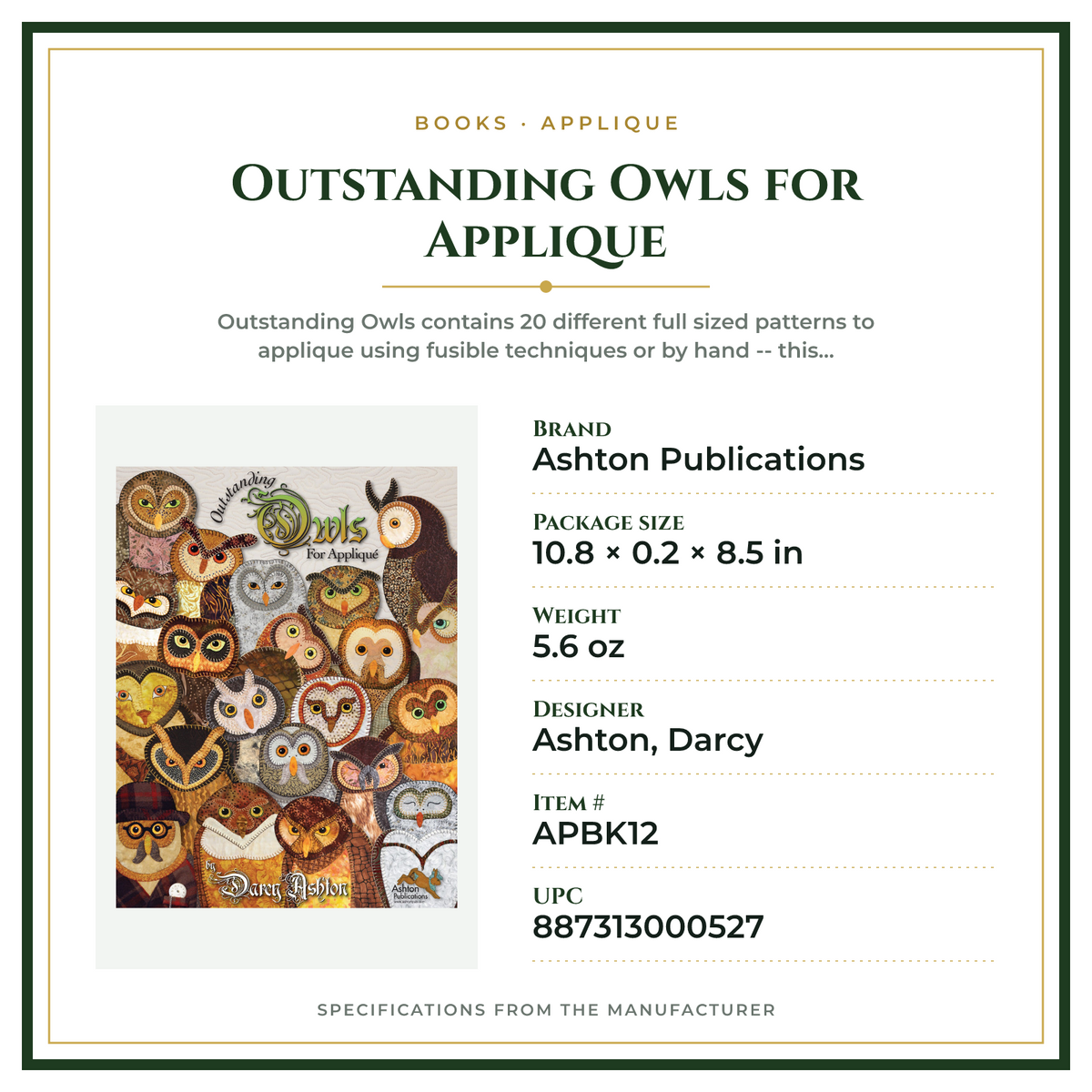 Product Specifications – Outstanding Owls for Applique