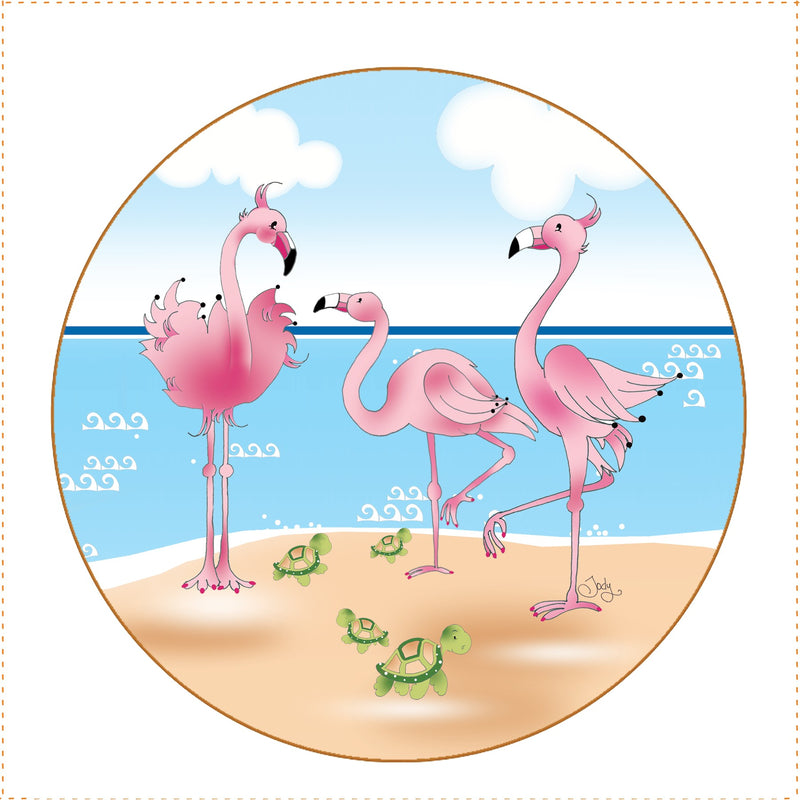 Fabric Panel 5in Round Flamingos