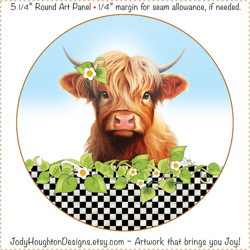 Fabric Panel 5in Round Highland Cow