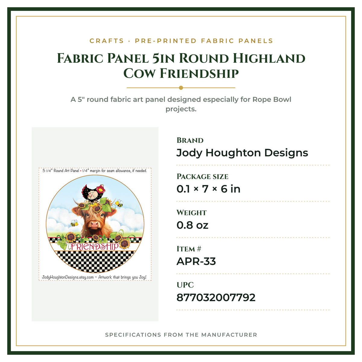 Product Specifications – Fabric Panel 5in Round Highland Cow Friendship