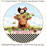 Fabric Panel 5in Round Highland Cow Friendship