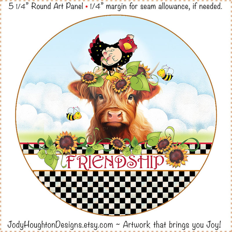 Fabric Panel 5in Round Highland Cow Friendship