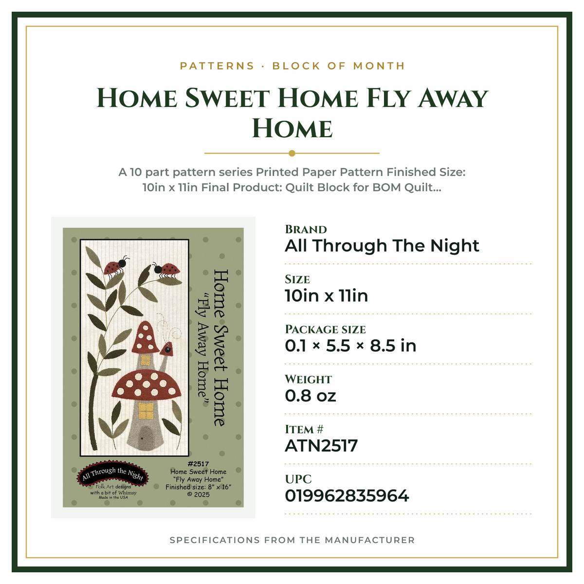 Product Specifications – Home Sweet Home Fly Away Home