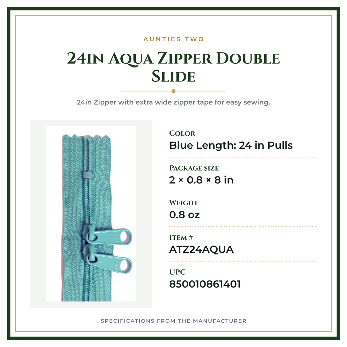Product Specifications – 24in Aqua Zipper Double Slide