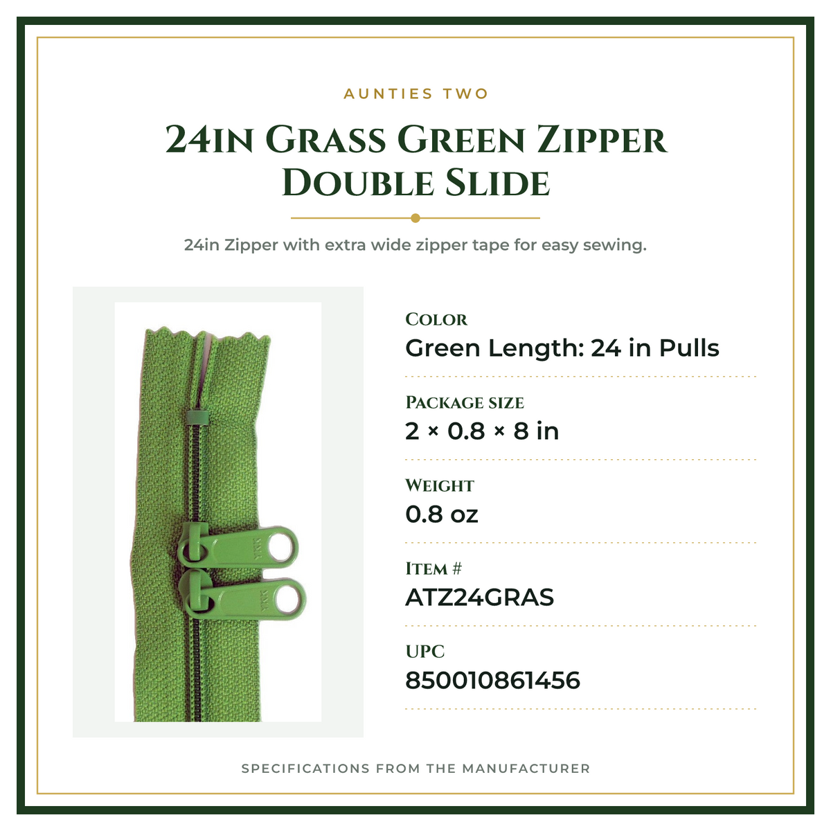 Product Specifications – 24in Grass Green Zipper Double Slide