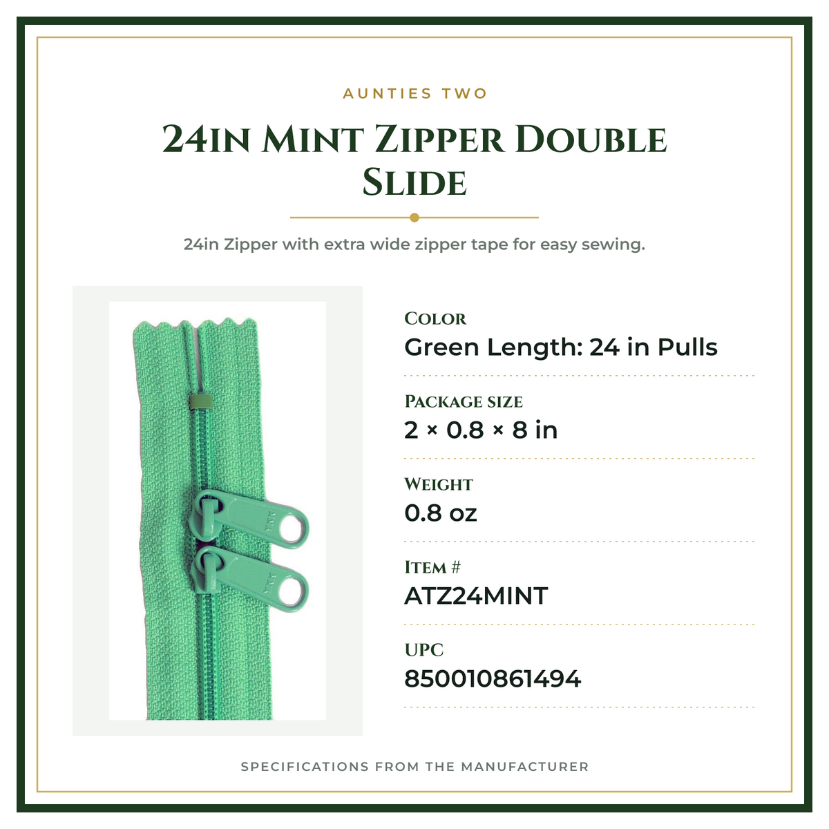 Product Specifications – 24in Mint Zipper Double Slide