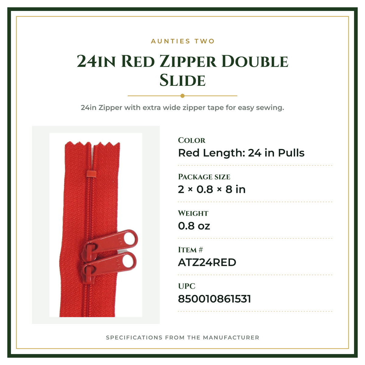 Product Specifications – 24in Red Zipper Double Slide