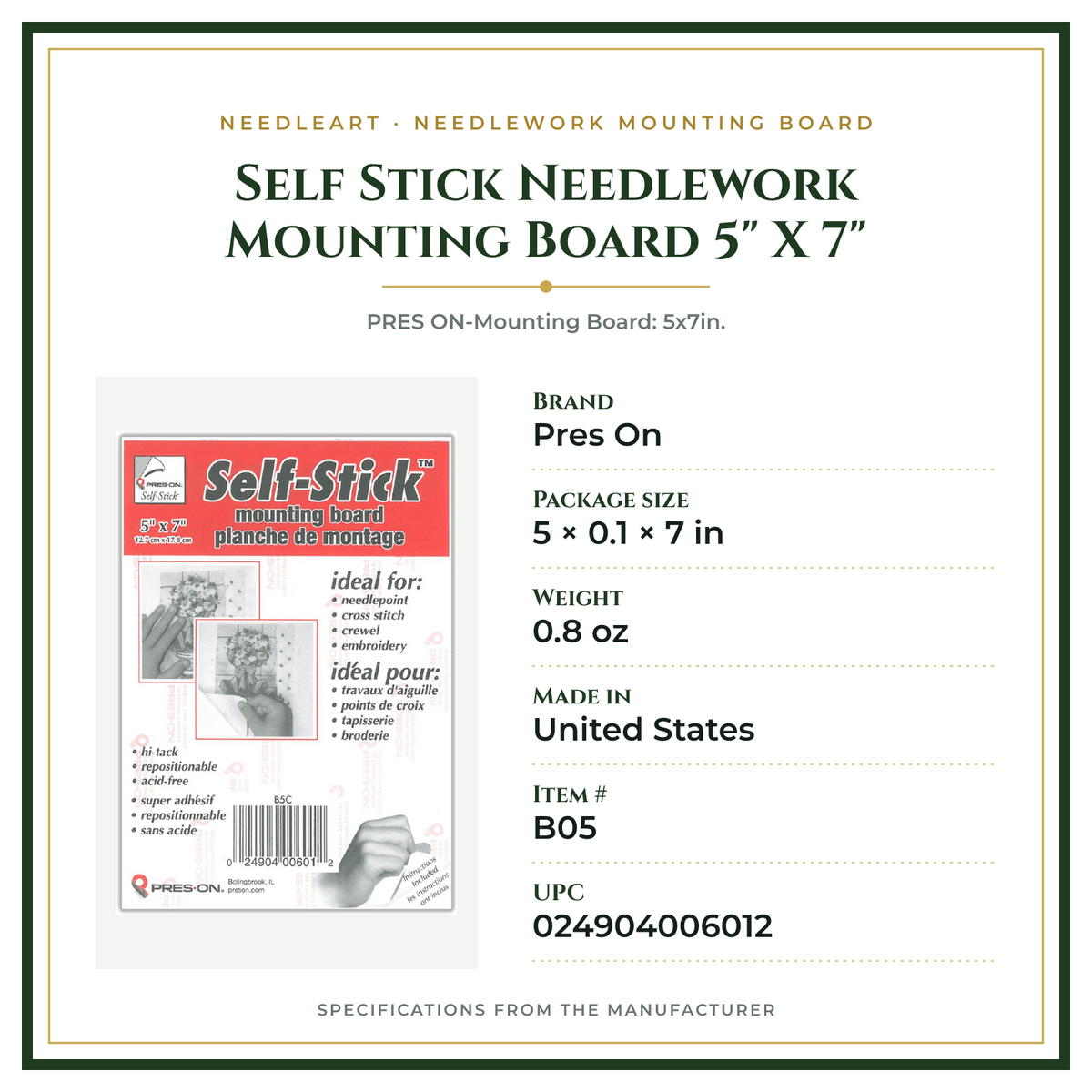 Product Specifications – Self Stick Needlework Mounting Board 5" X 7"