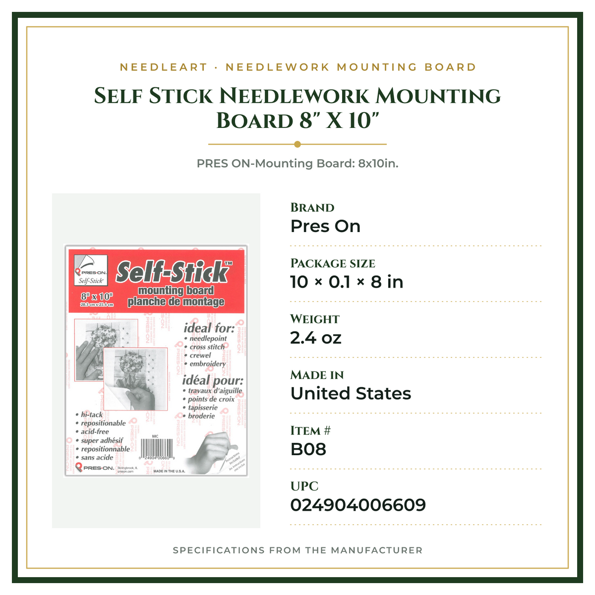 Product Specifications – Self Stick Needlework Mounting Board 8" X 10"