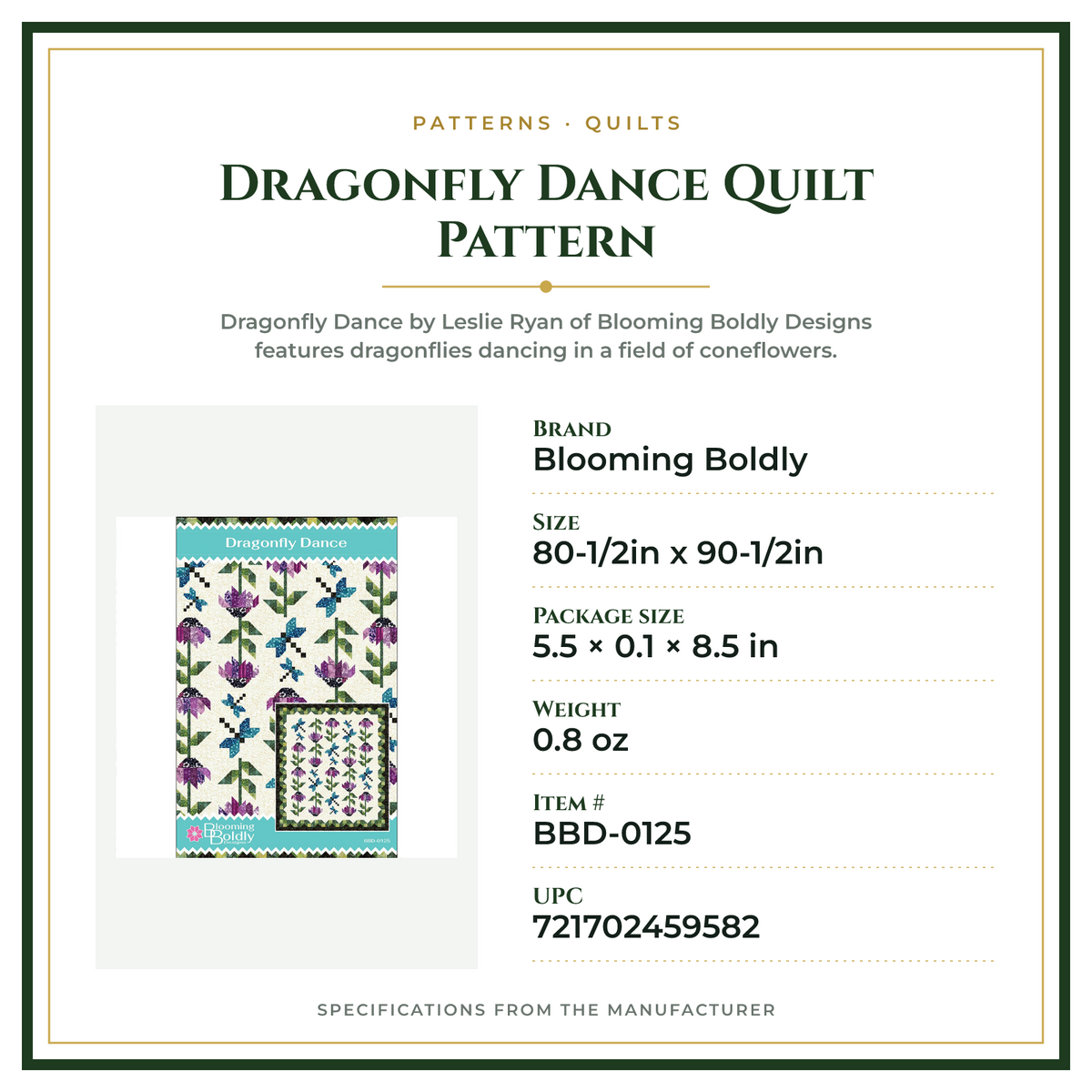 Product Specifications – Dragonfly Dance Quilt Pattern