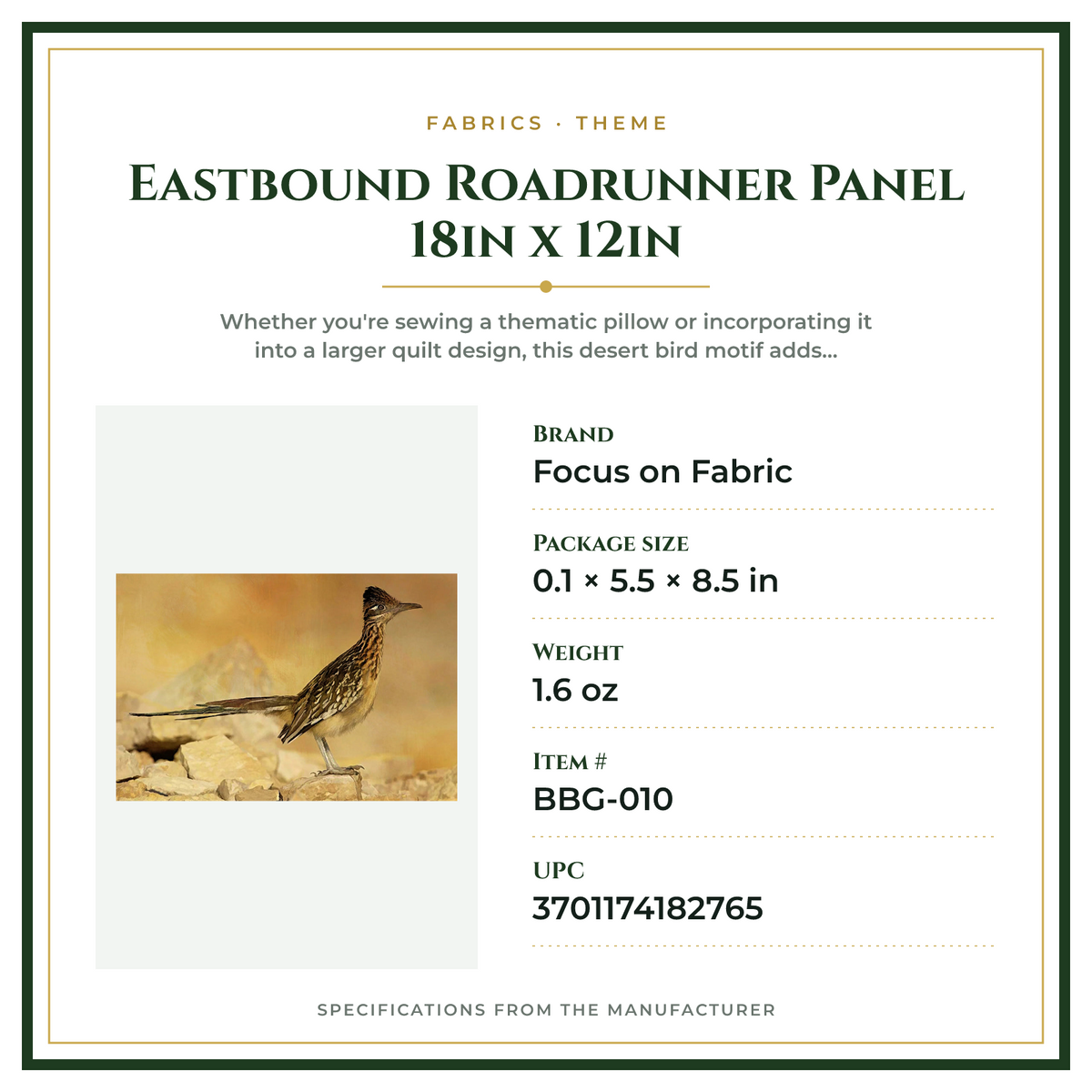 Product Specifications – Eastbound Roadrunner Panel 18in x 12in