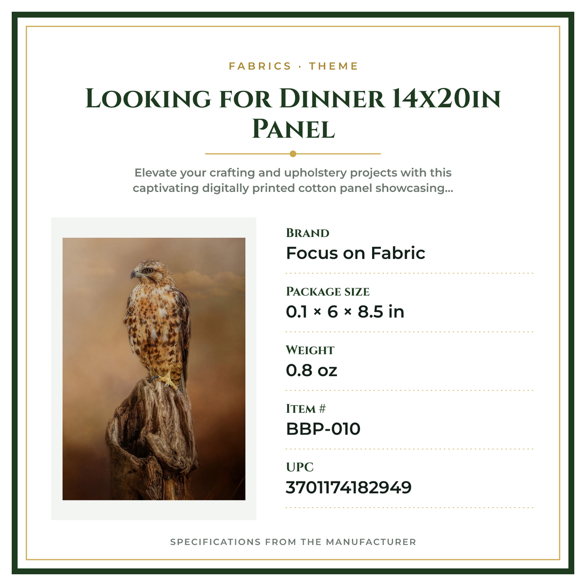 Product Specifications – Looking for Dinner 14x20in Panel