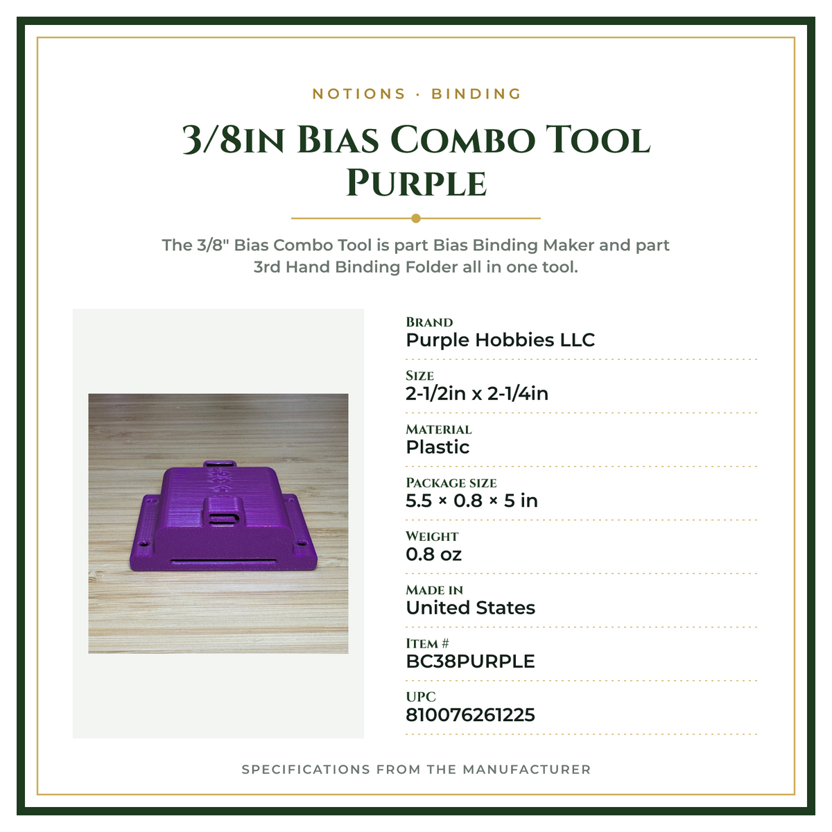 Product Specifications – 3/8in Bias Combo Tool Purple