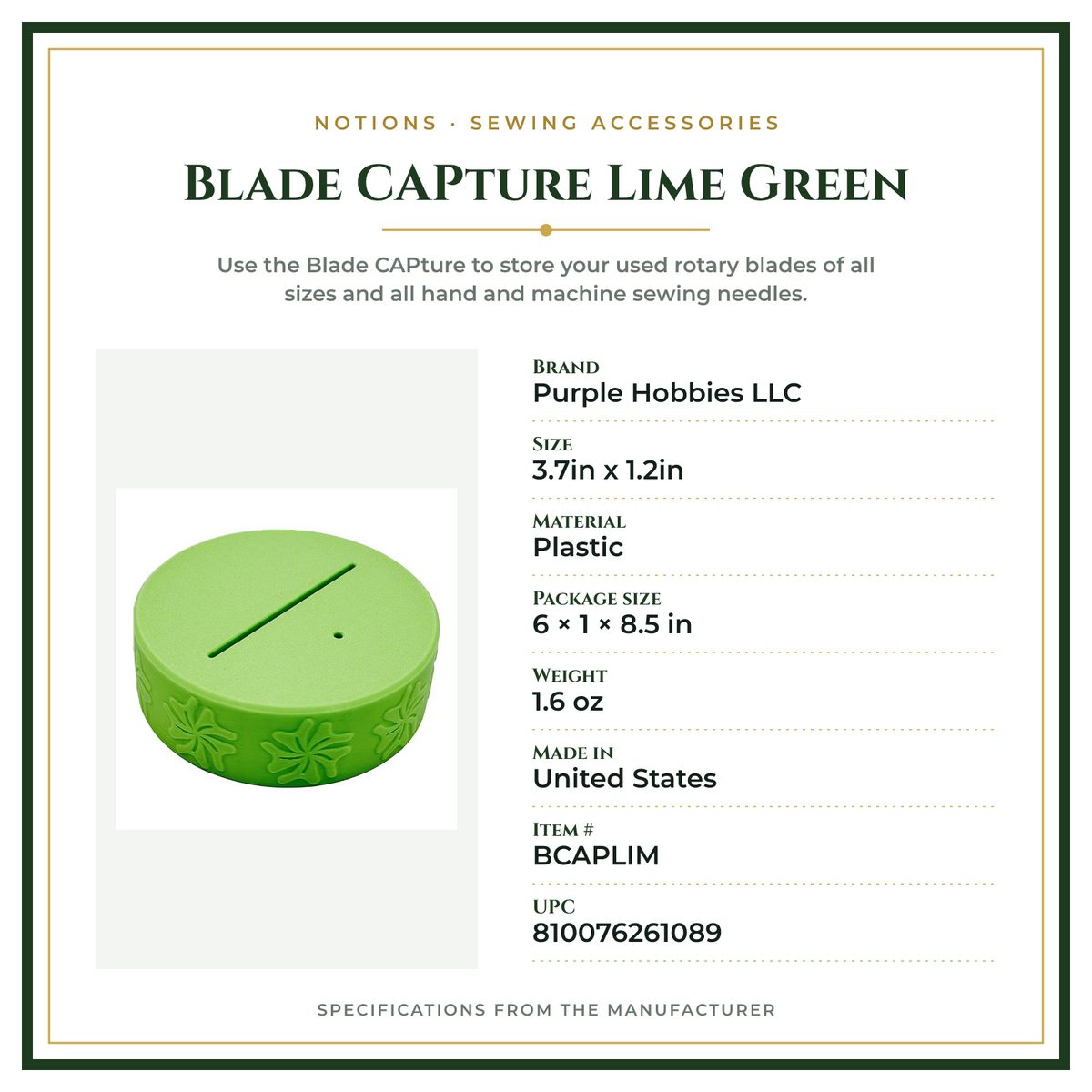 Product Specifications – Blade CAPture Lime Green