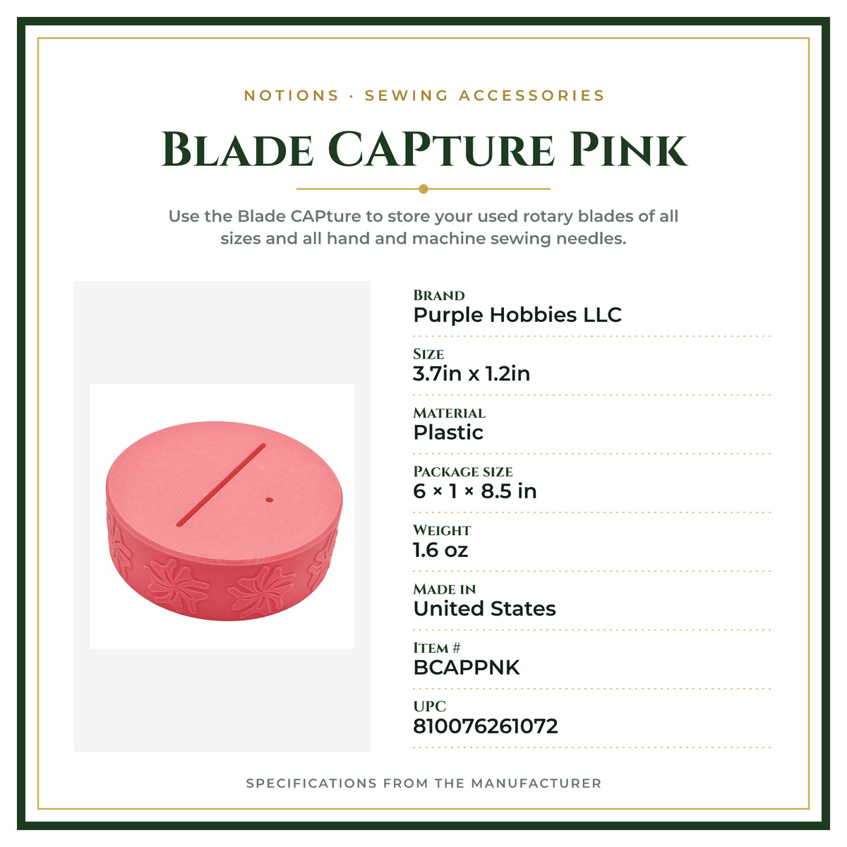 Product Specifications – Blade CAPture Pink