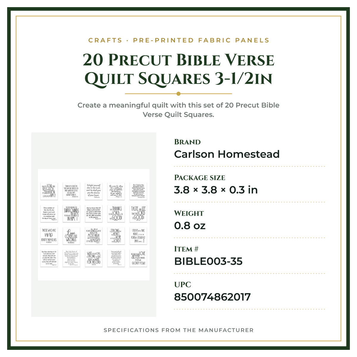Product Specifications – 20 Precut Bible Verse Quilt Squares 3-1/2in