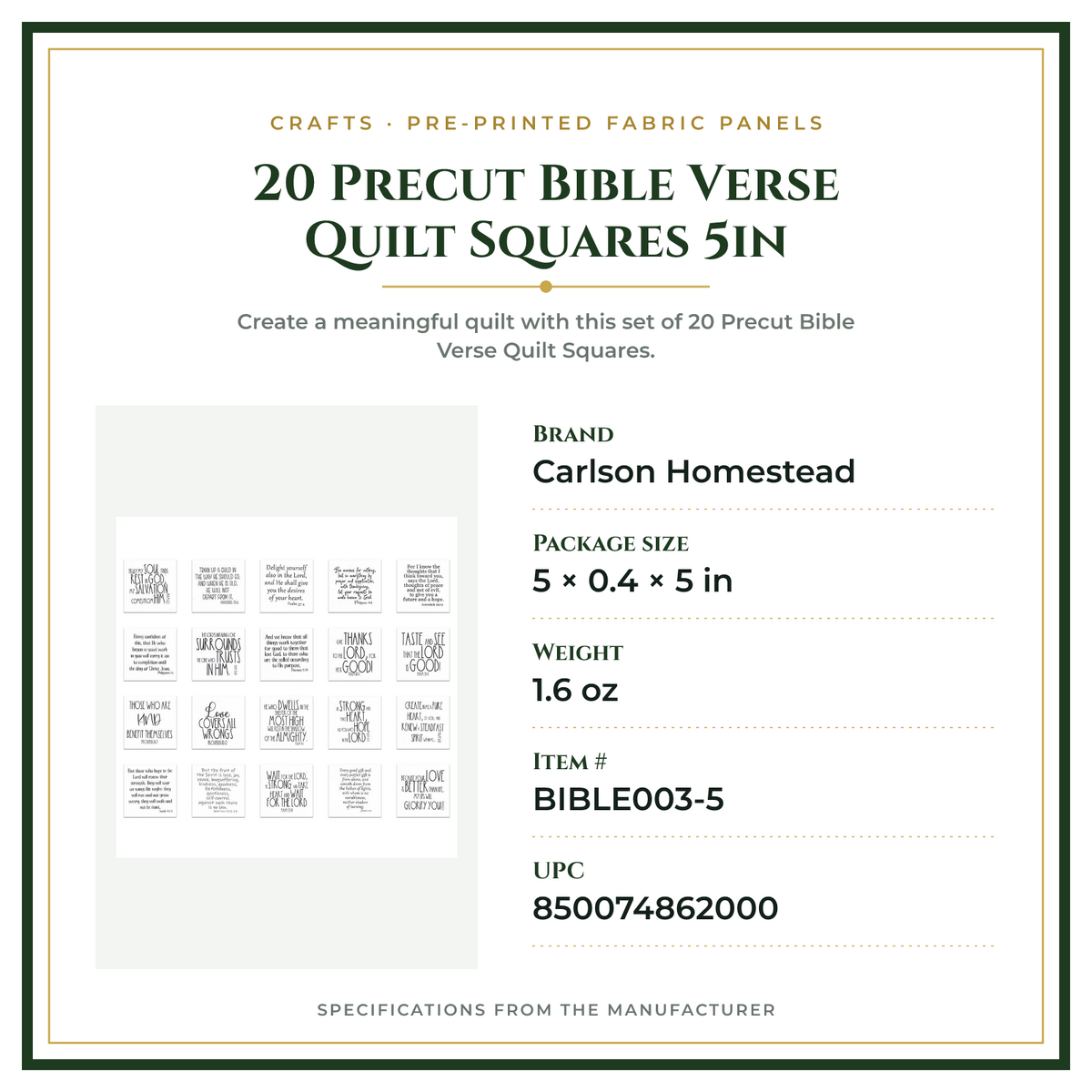 Product Specifications – 20 Precut Bible Verse Quilt Squares 5in