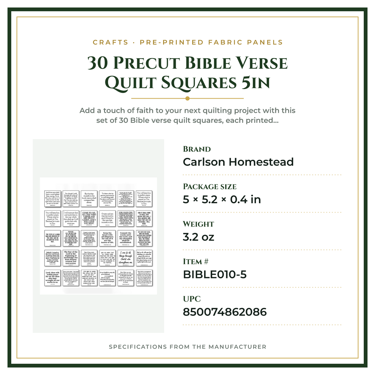 Product Specifications – 30 Precut Bible Verse Quilt Squares 5in
