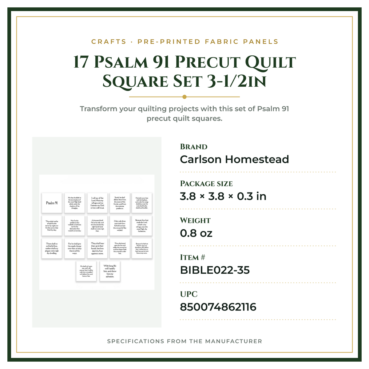 Product Specifications – 17 Psalm 91 Precut Quilt Square Set 3-1/2in
