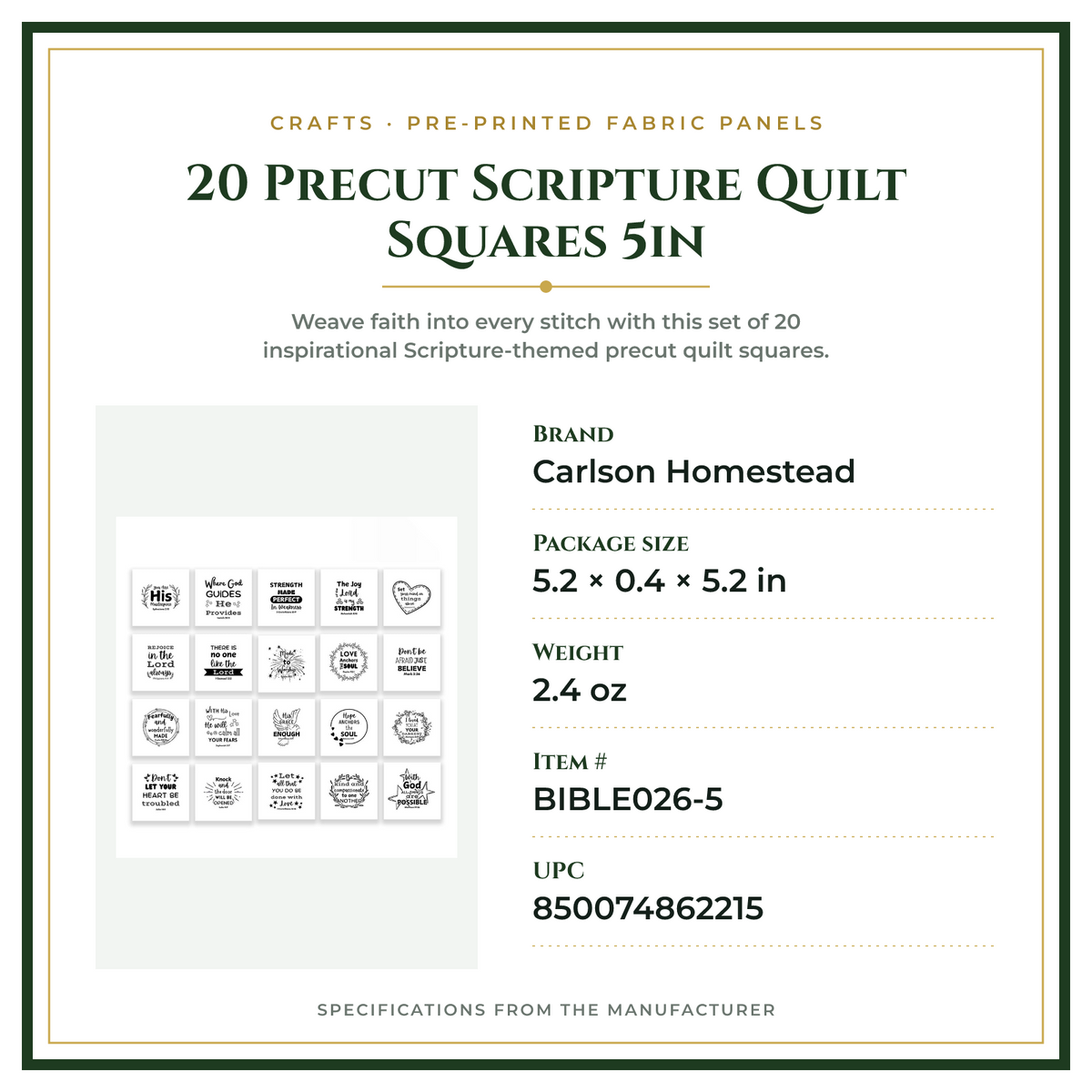 Product Specifications – 20 Precut Scripture Quilt Squares 5in