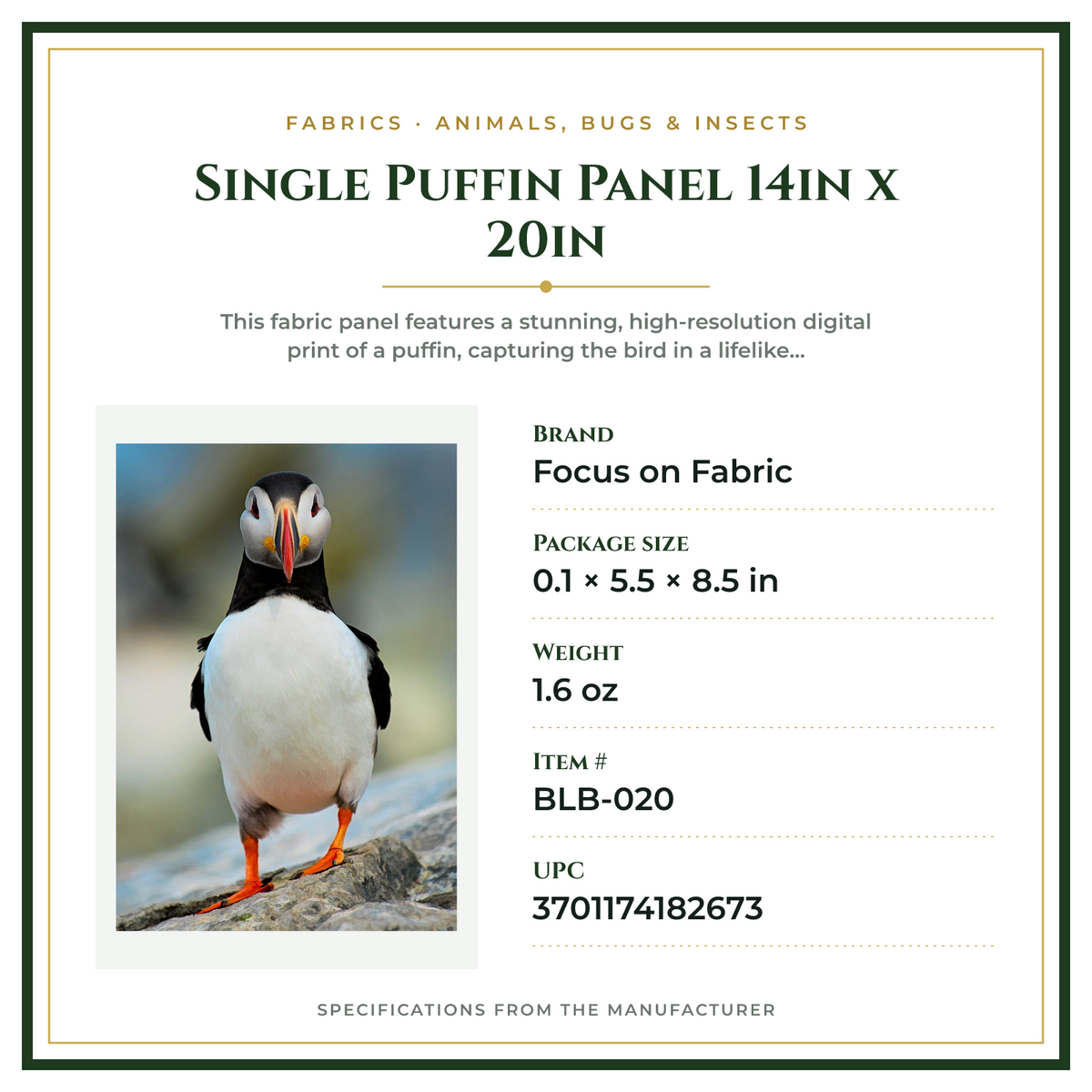 Product Specifications – Single Puffin Panel 14in x 20in