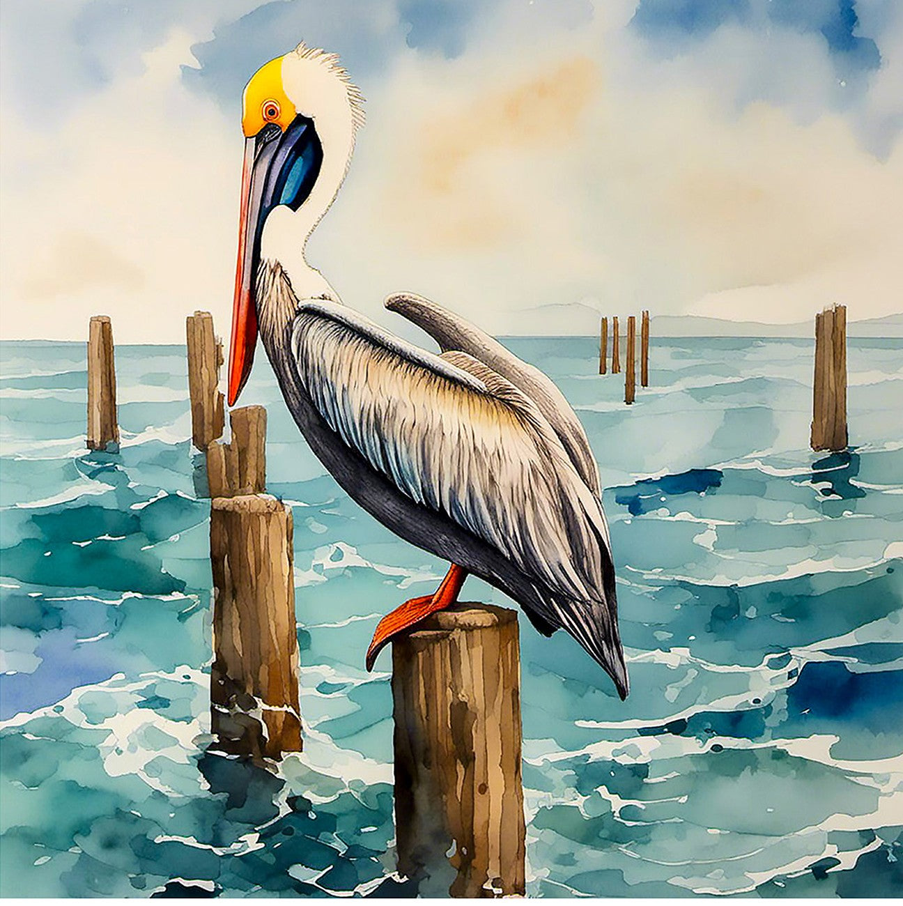 Painterly Pelican 16x16in Panel