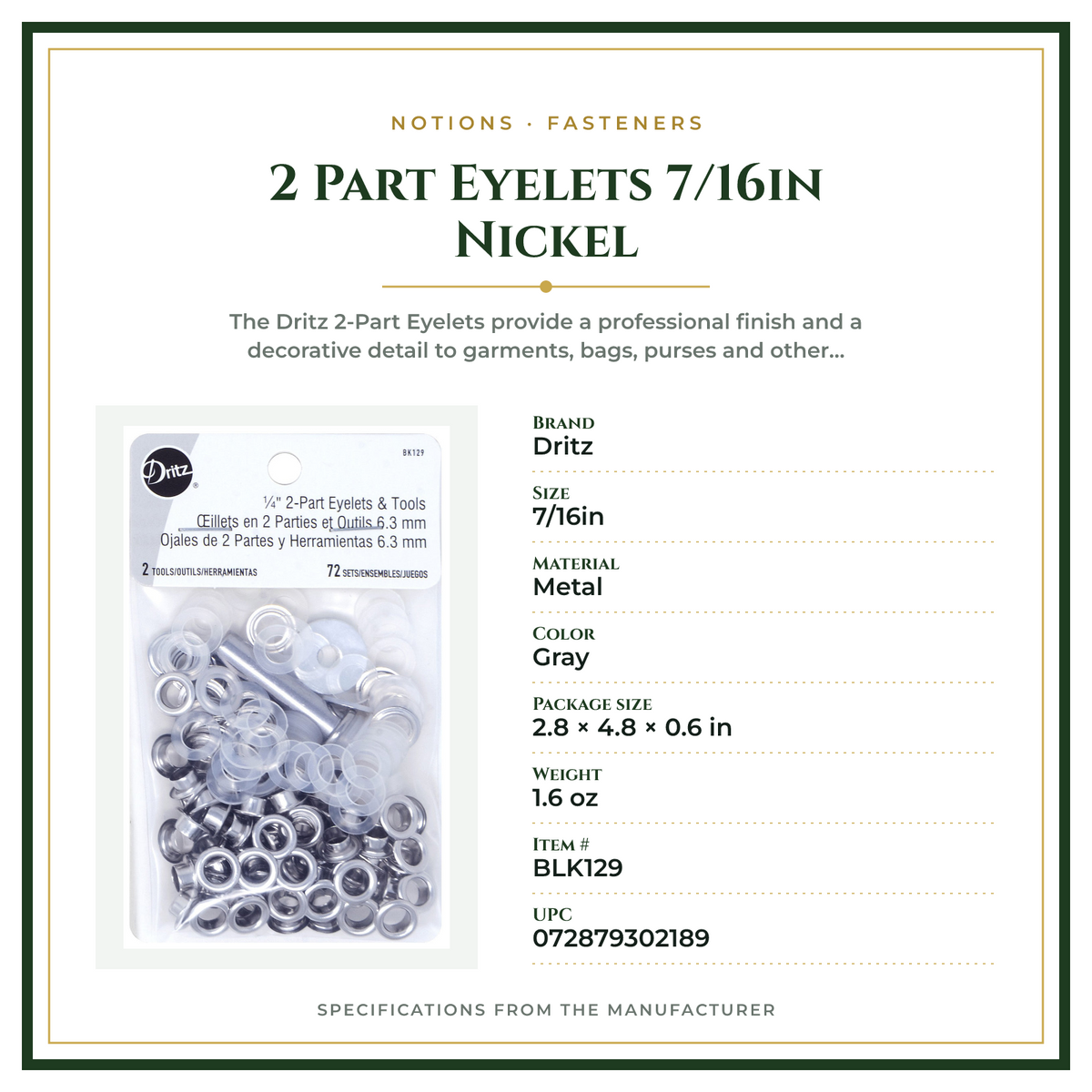 Product Specifications – 2 Part Eyelets 7/16in Nickel