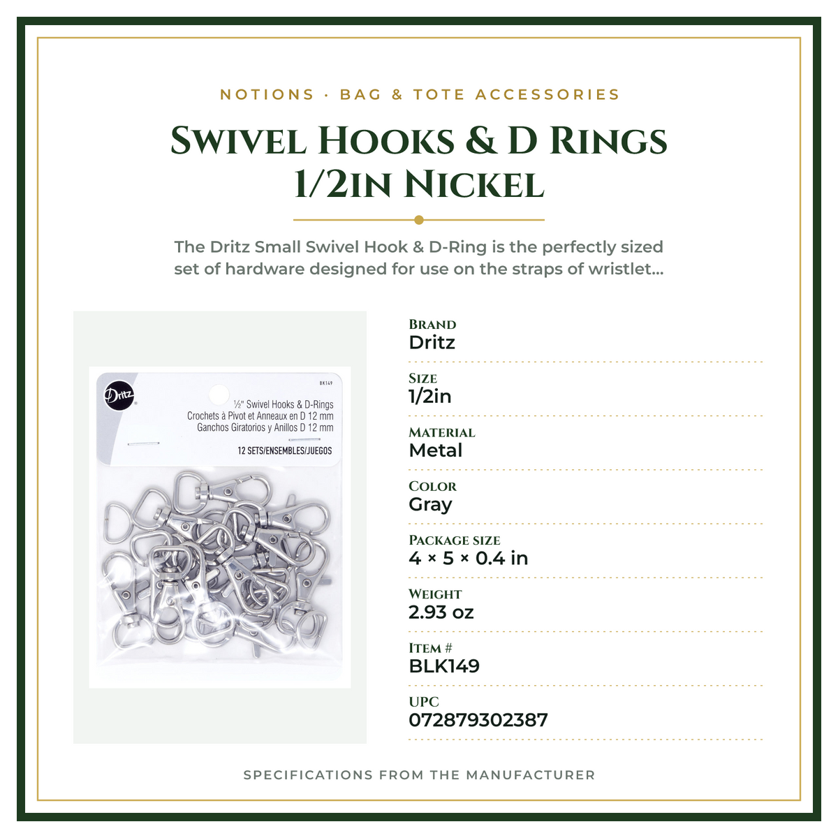 Product Specifications – Swivel Hooks & D Rings 1/2in Nickel