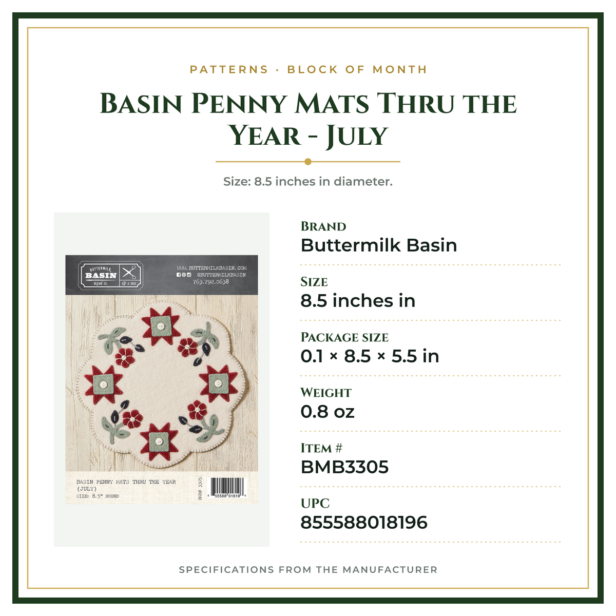 Product Specifications – Basin Penny Mats Thru the Year - July