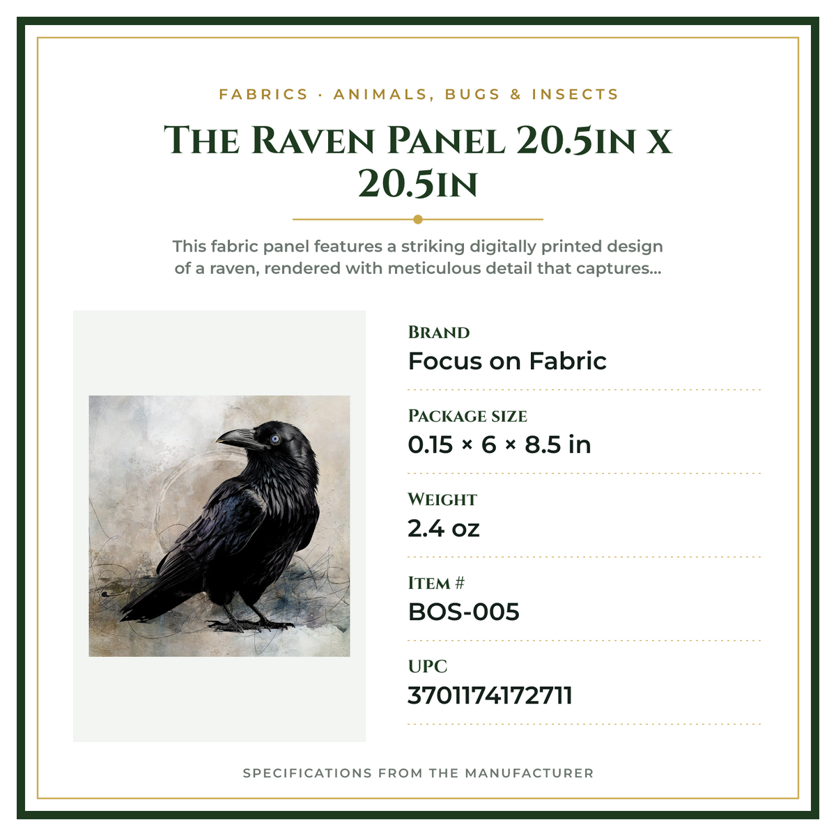 Product Specifications – The Raven Panel 20.5in x 20.5in