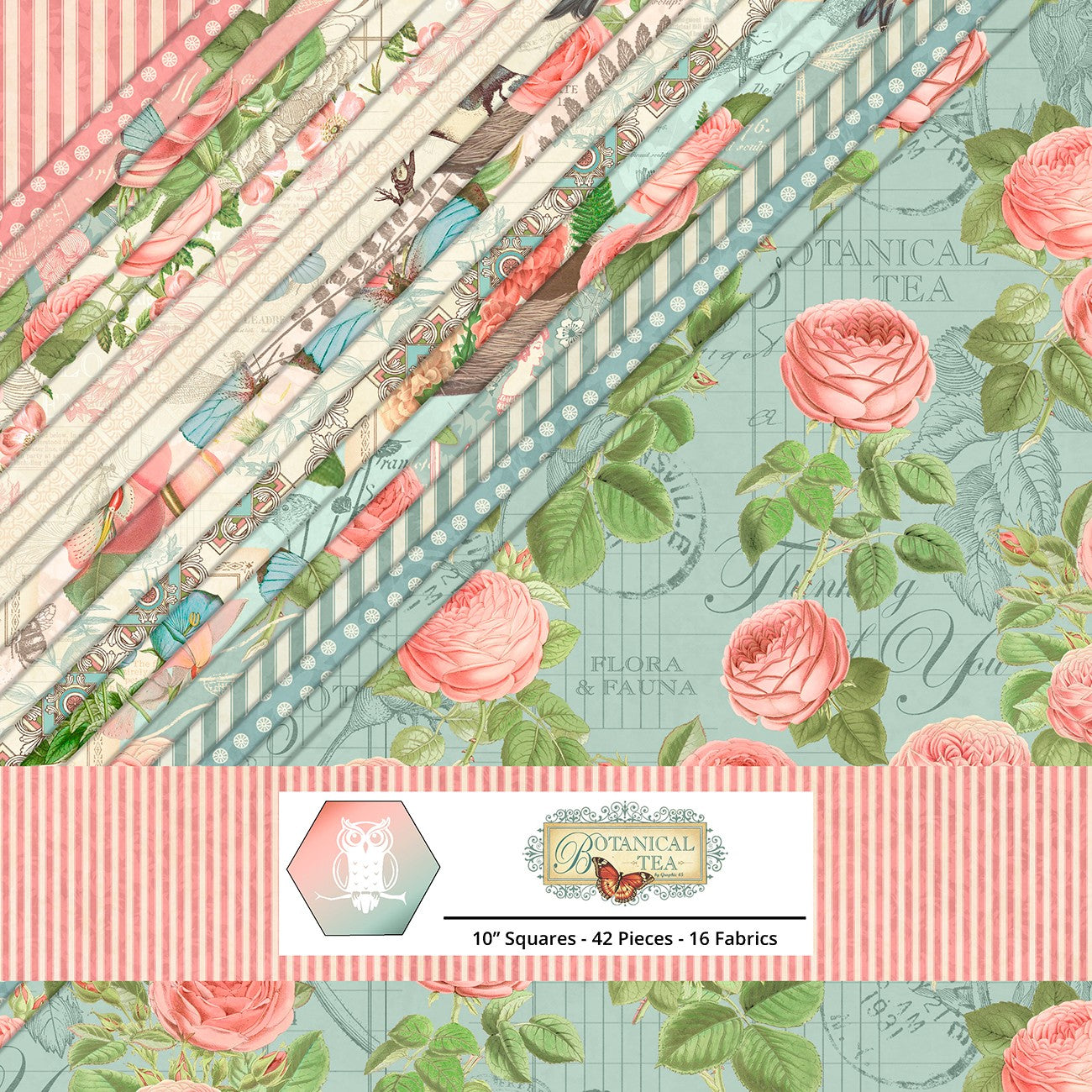 10in Squares, Botanical Tea, 42pcs, 2-4 Pieces of Each Print