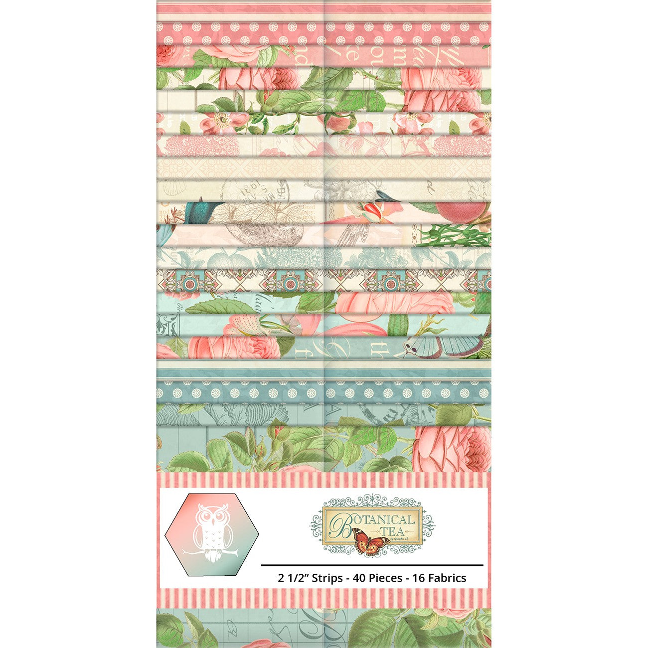 2.5in Strips, Botanical Tea, 40pcs, 2-4 Pieces of Each Print