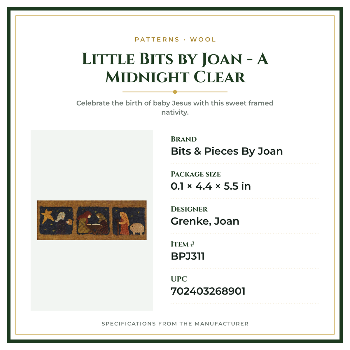 Product Specifications – Little Bits by Joan - A Midnight Clear