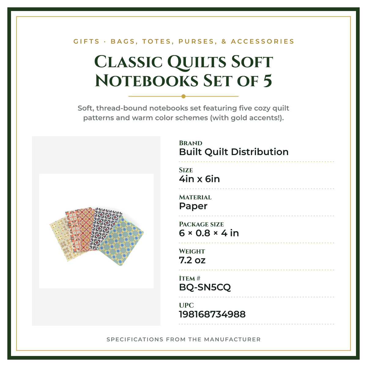 Product Specifications – Classic Quilts Soft Notebooks Set of 5