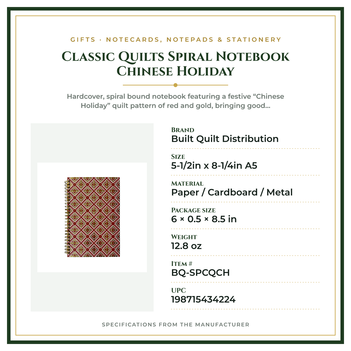 Product Specifications – Classic Quilts Spiral Notebook Chinese Holiday