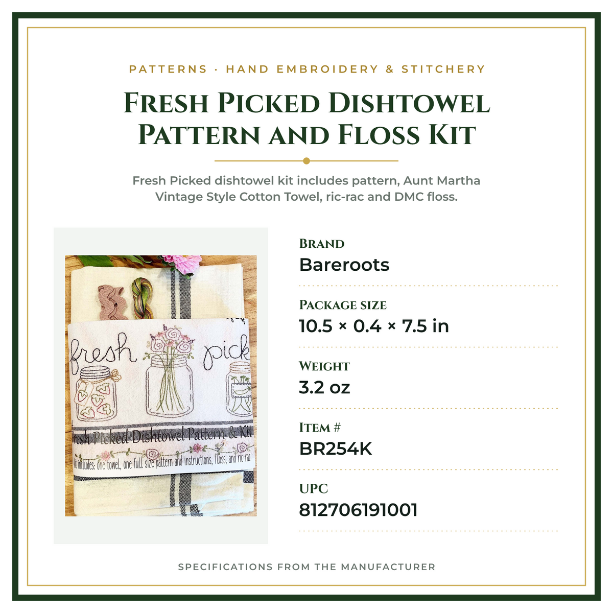 Product Specifications – Fresh Picked Dishtowel Pattern and Floss Kit