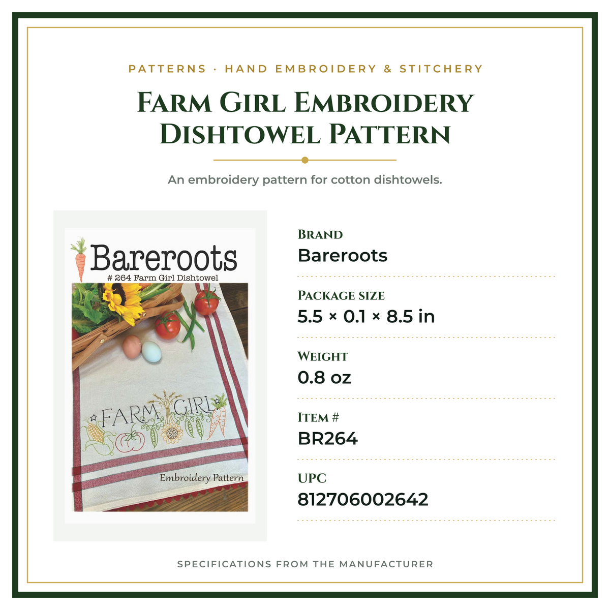 Product Specifications – Farm Girl Embroidery Dishtowel Pattern
