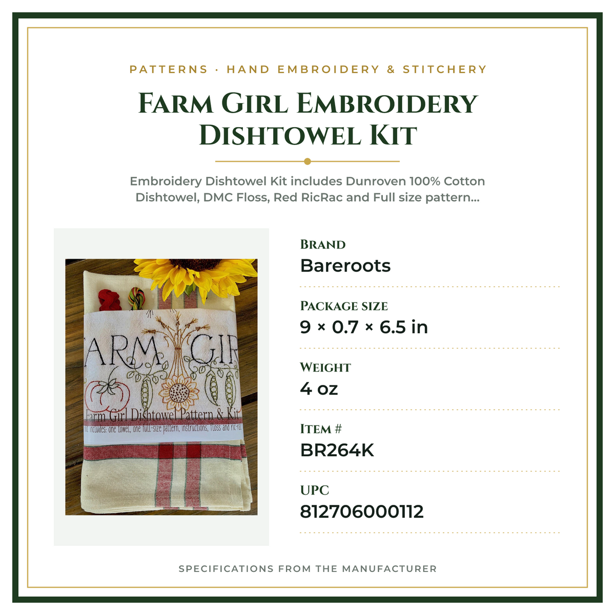 Product Specifications – Farm Girl Embroidery Dishtowel Kit