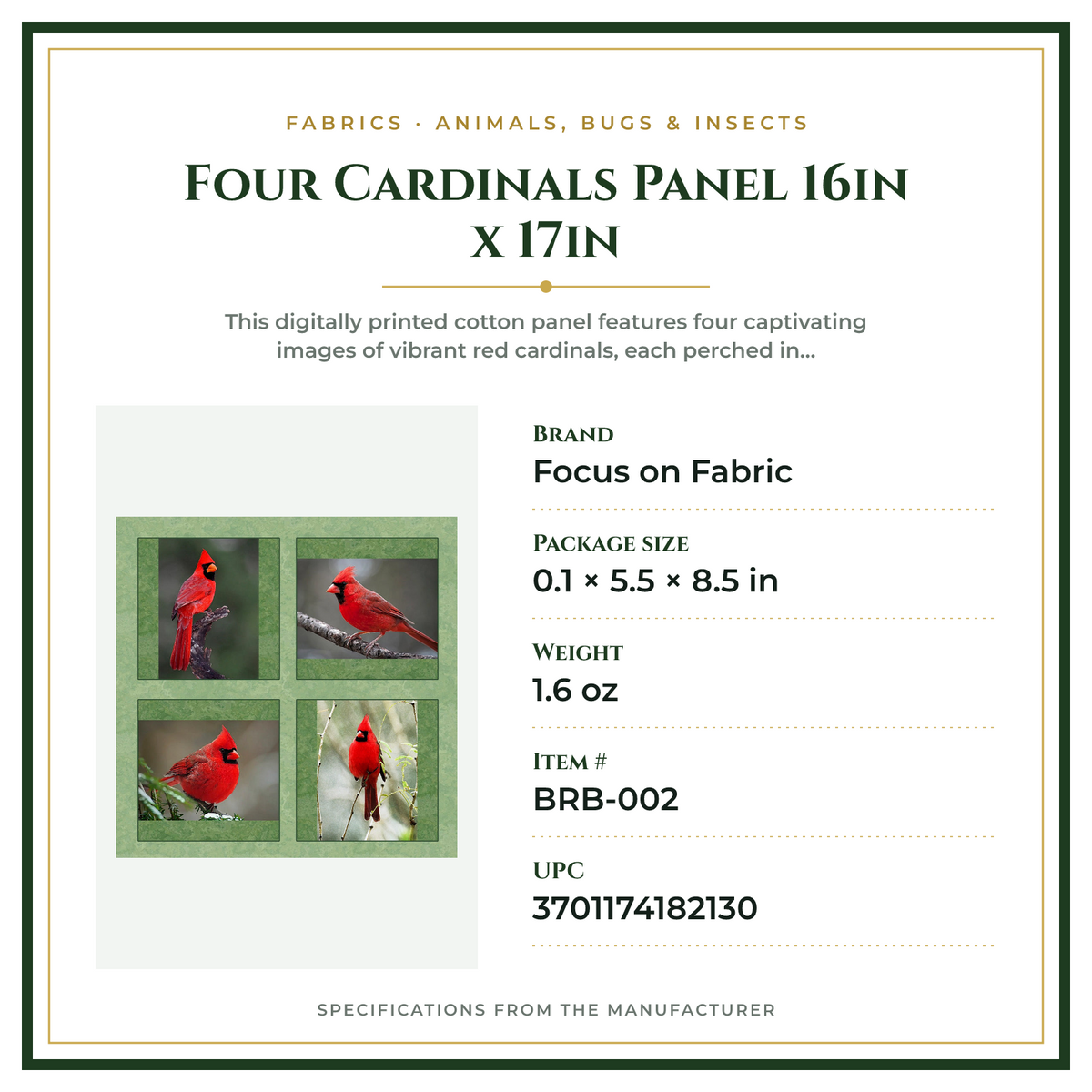 Product Specifications – Four Cardinals Panel 16in x 17in