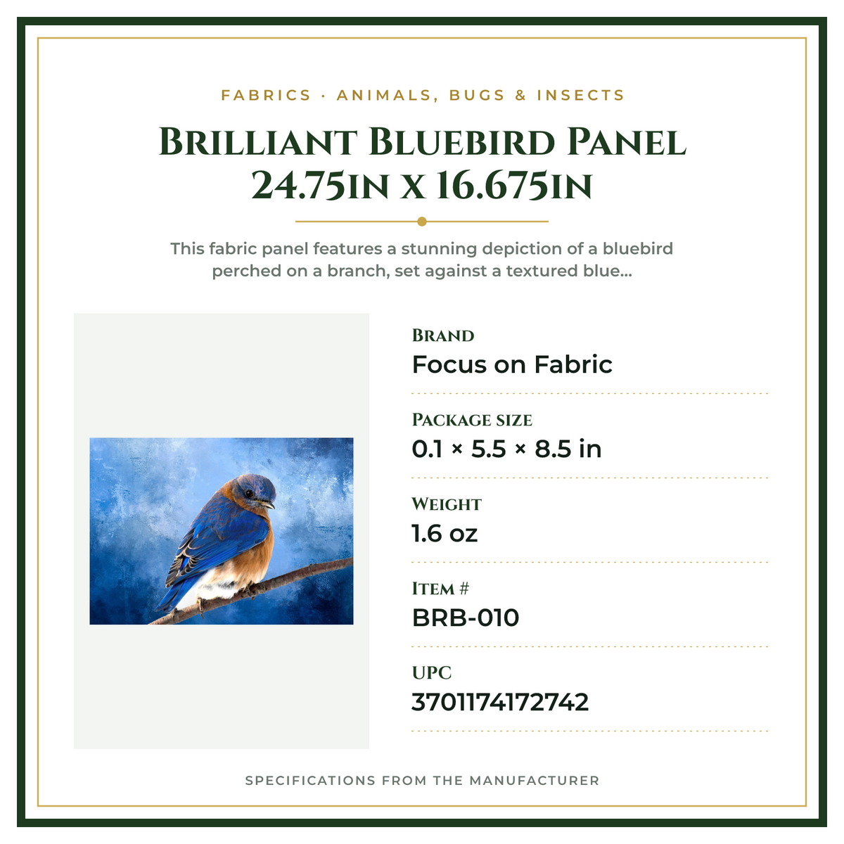 Product Specifications – Brilliant Bluebird Panel 24.75in x 16.675in