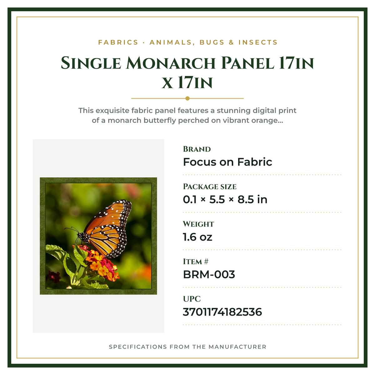 Product Specifications – Single Monarch Panel 17in x 17in