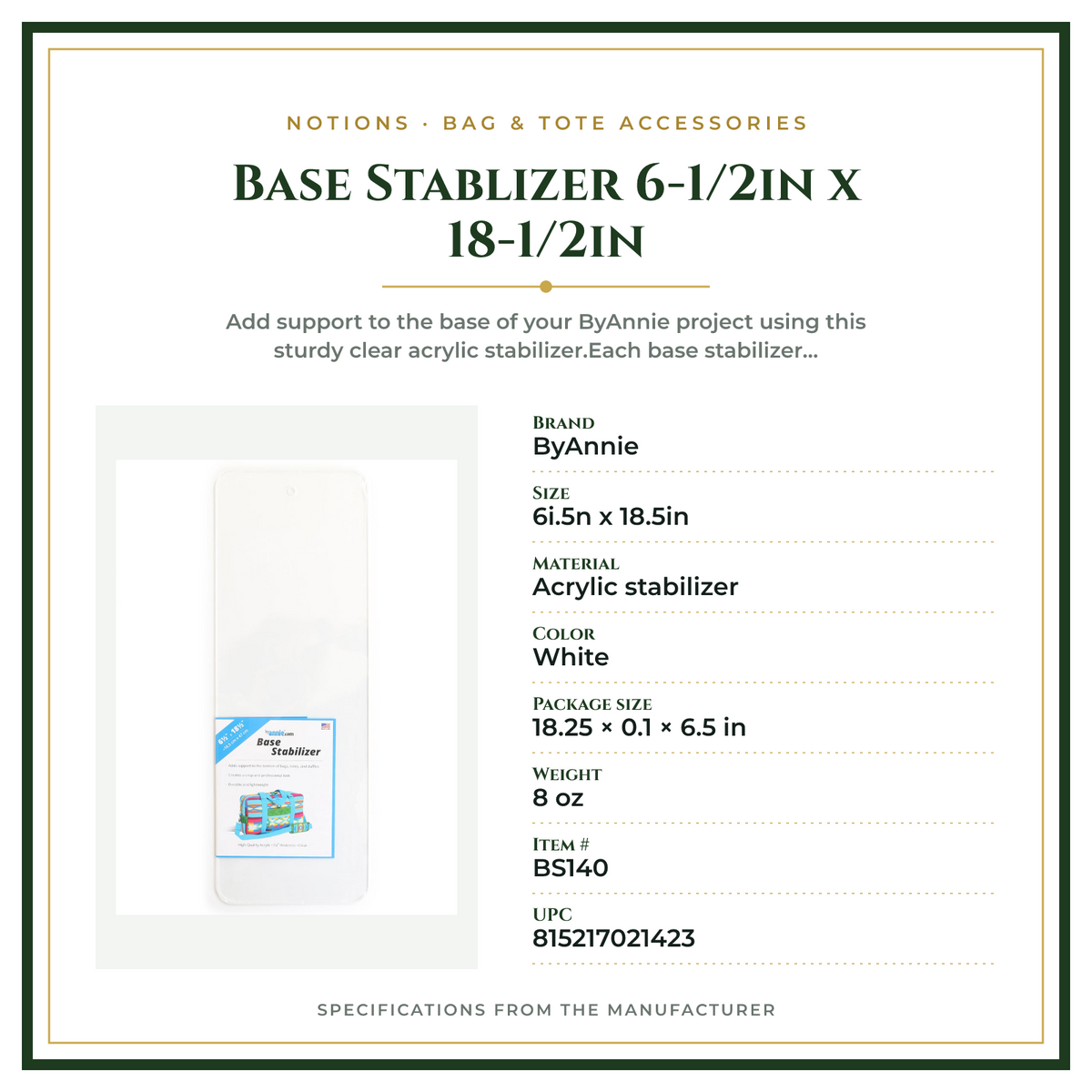 Product Specifications – Base Stablizer 6-1/2in x 18-1/2in