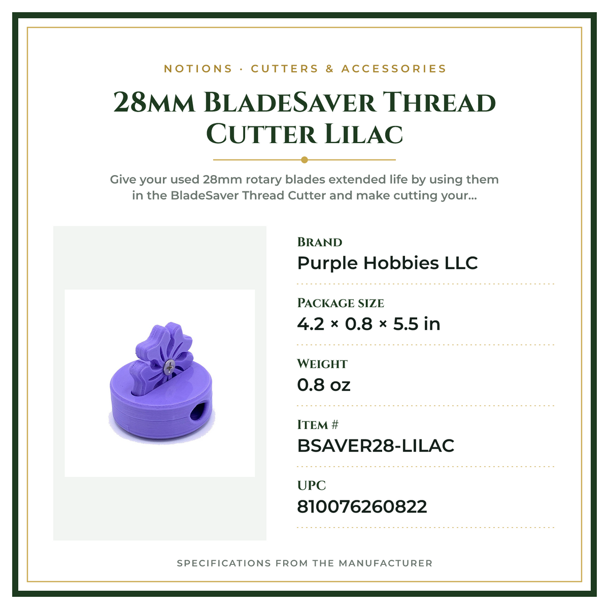 Product Specifications – 28mm BladeSaver Thread Cutter Lilac