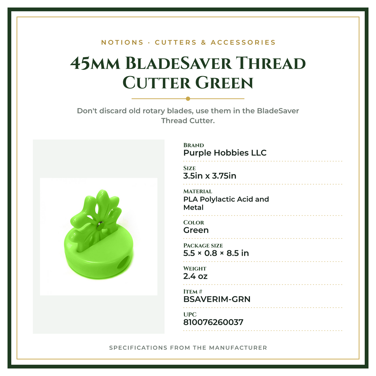 Product Specifications – 45mm BladeSaver Thread Cutter Green
