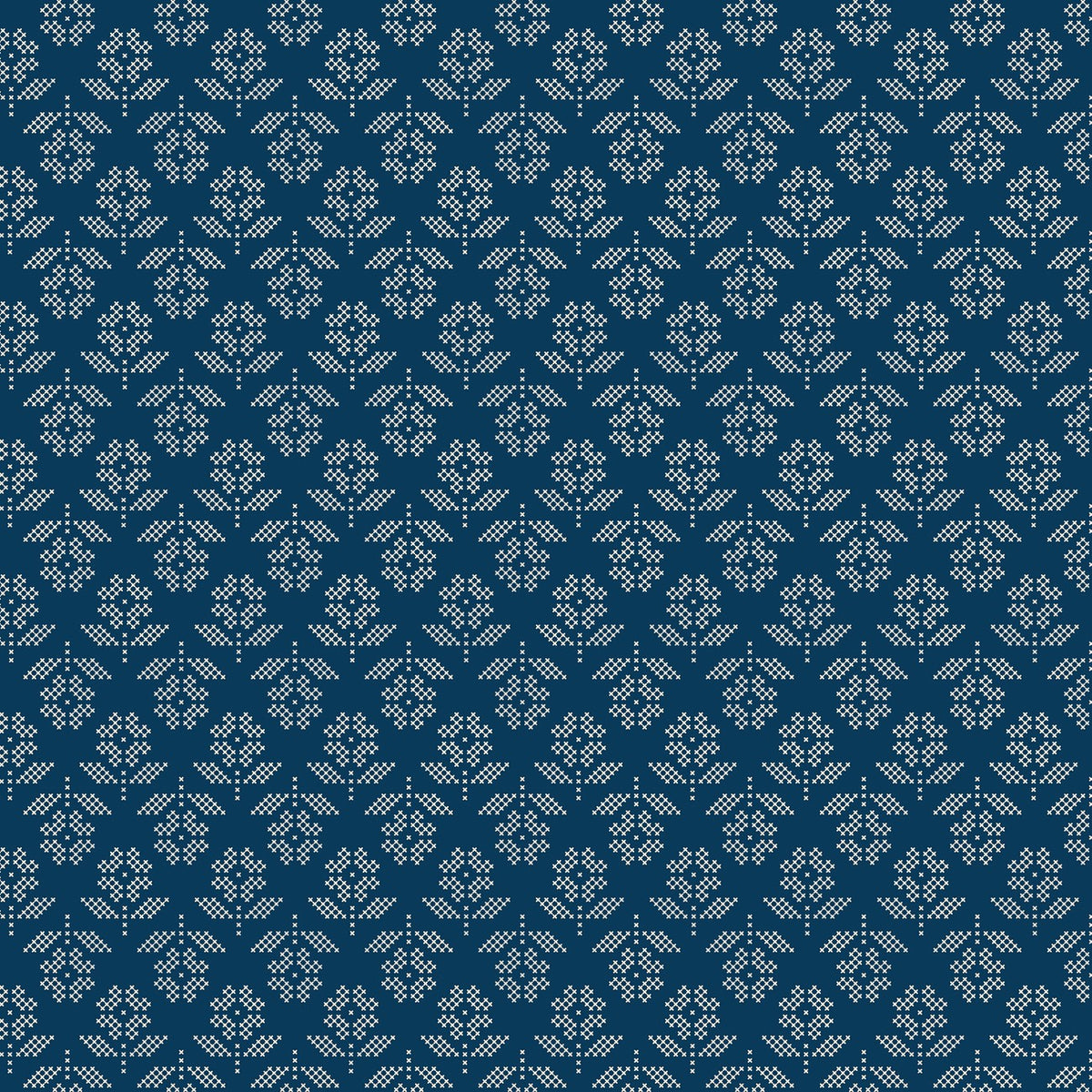 Flowers Oxford Blue fabric swatch