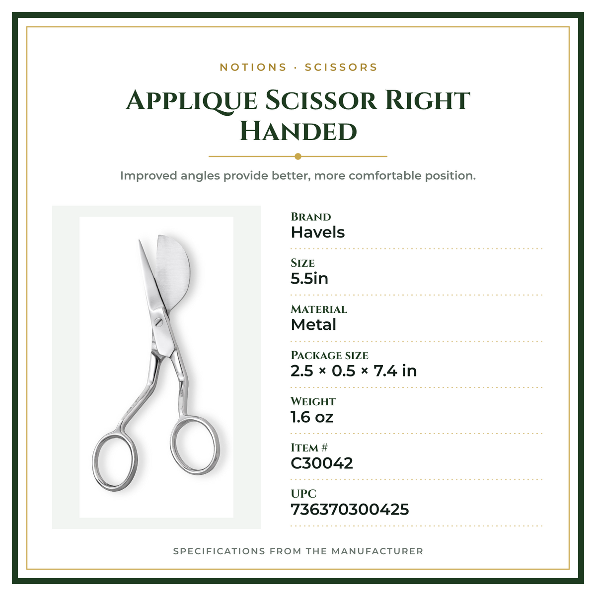 Product Specifications – Applique Scissor Right Handed