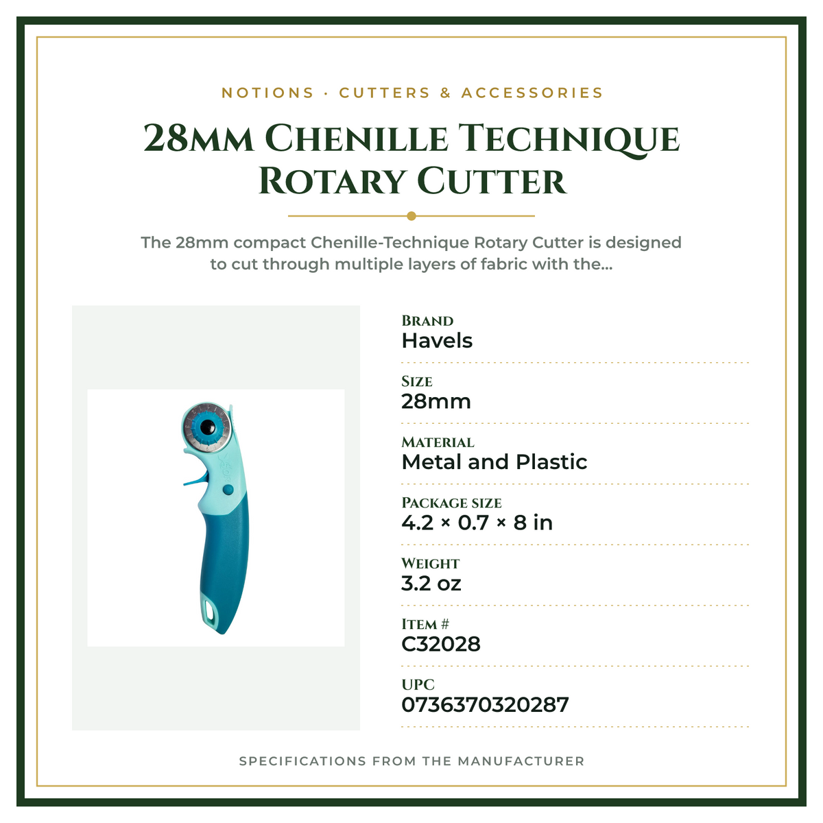 Product Specifications – 28mm Chenille Technique Rotary Cutter