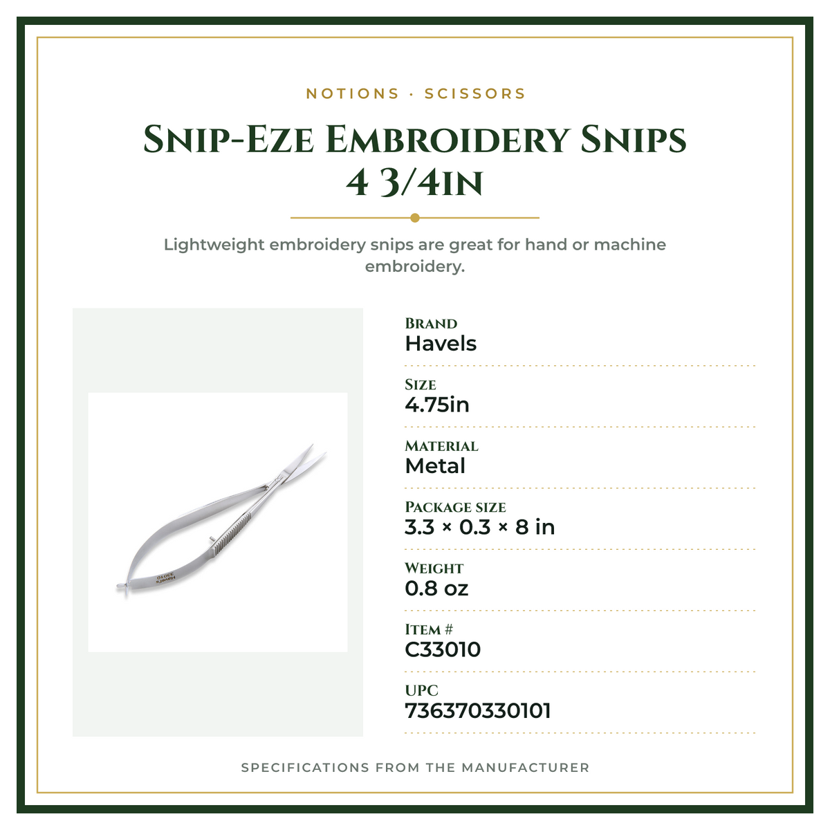 Product Specifications – Snip-Eze Embroidery Snips 4 3/4in