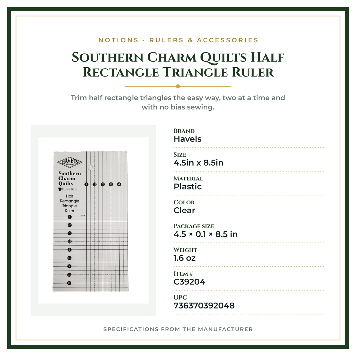 Product Specifications – Southern Charm Quilts Half Rectangle Triangle Ruler