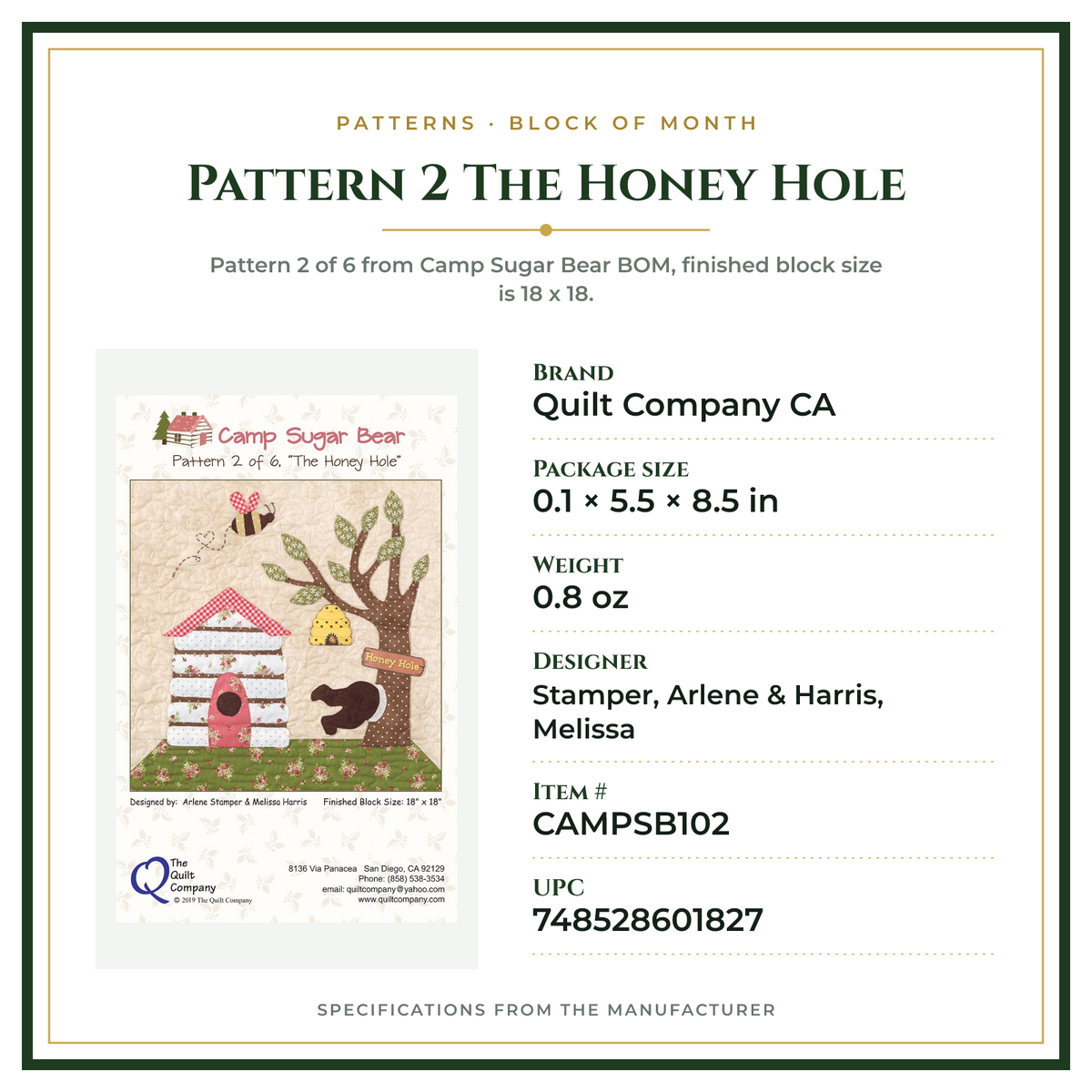 Product Specifications – Pattern 2 The Honey Hole